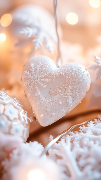 adorno de corazón blanco con diseño de copo de nieve gotas de agua espumosa