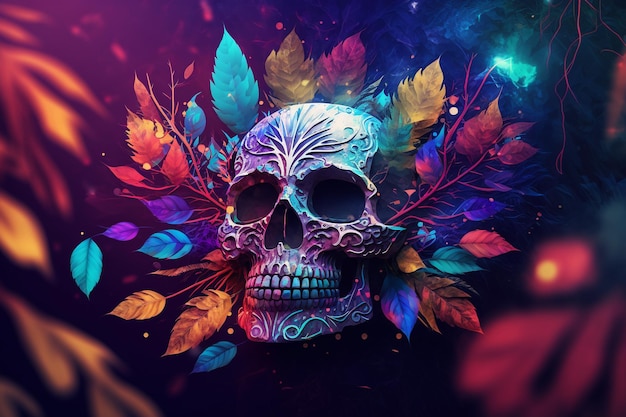 Adorno decorado calavera con fondo de hojas dia de muertos