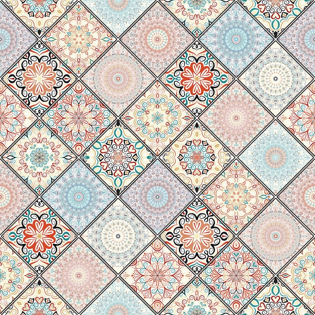 Adorno de mosaico rico de mandalas coloridos Patrón sin costuras en estilo oriental Diseño de mosaico de mosaico cuadrado Patrón de mosaico intrincado Patrón de mosaico boho chic para papel tapiz de muebles de tela de moda
