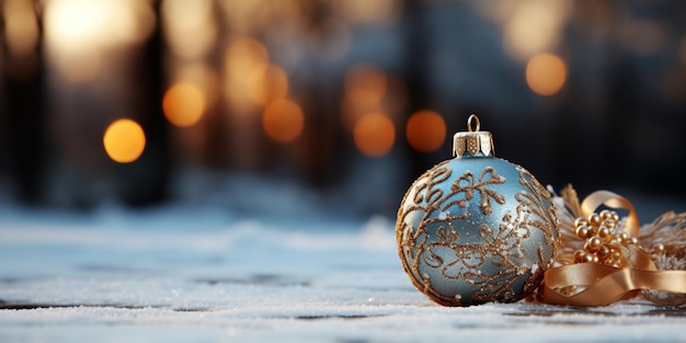 Adorno navideño decorativo y regalos en la nieve con espacio para copiar