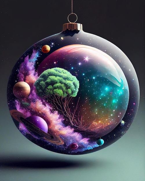 Un adorno navideño que tiene el planeta y el universo en él.