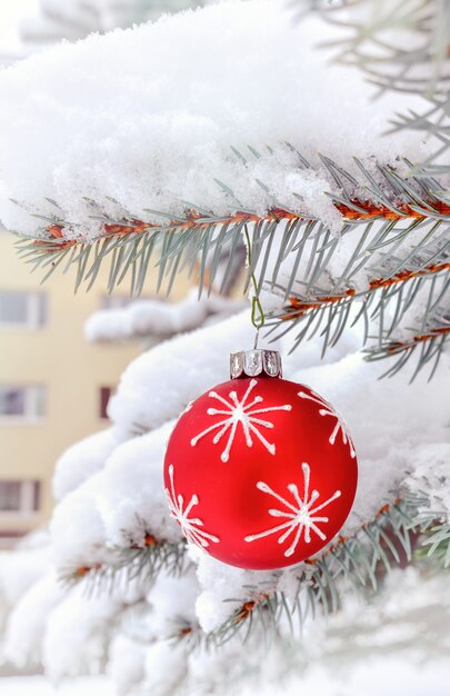 Adorno rojo en un árbol de Navidad al aire libre