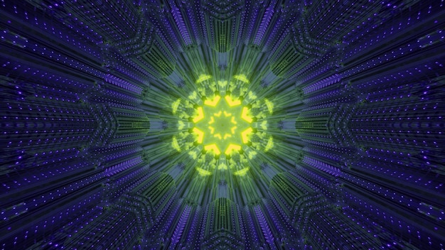 Adorno simétrico en forma de flor de color amarillo brillante que brilla intensamente dentro del túnel de neón azul oscuro