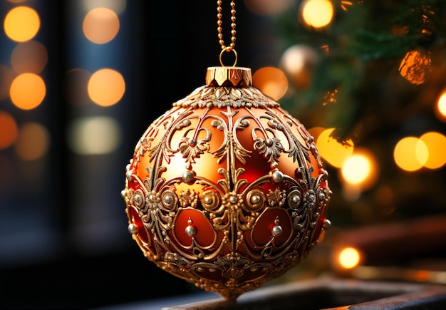 adornos de bolas de oro en un árbol de navidad