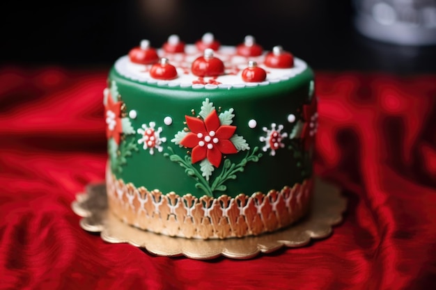 Foto adornos de fondant rojos y verdes encima de un pastel de navidad