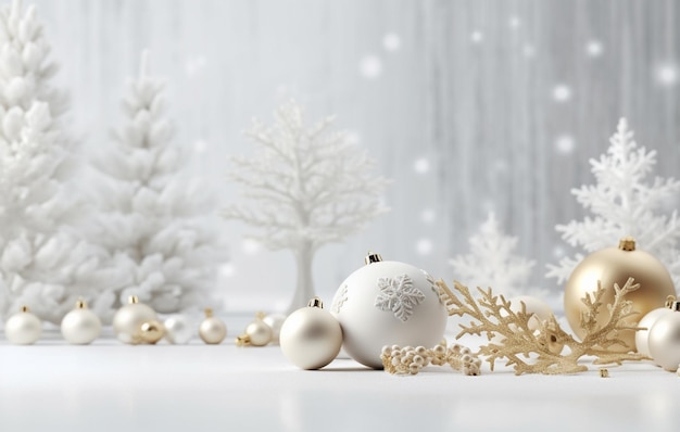 Adornos navideños blancos en una escena nevada con nieve y árboles en el fondo