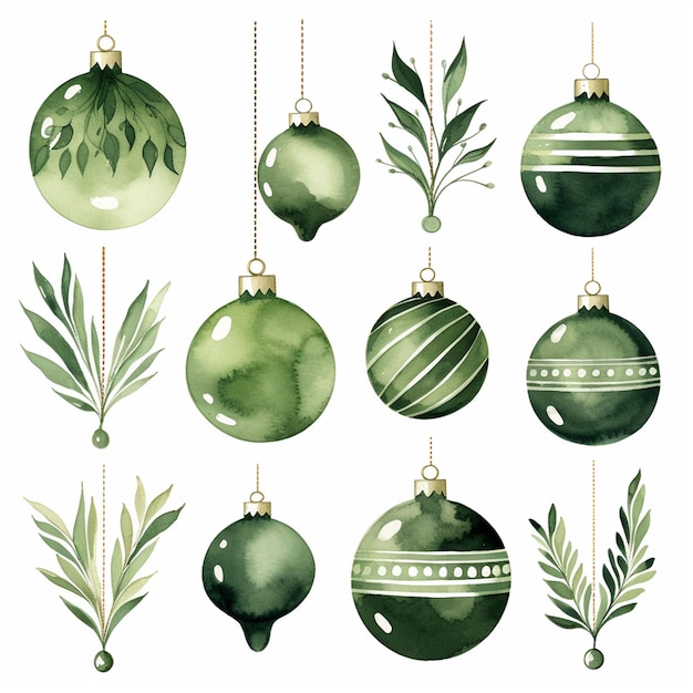 adornos navideños clipart tonos verde oliva acuarela