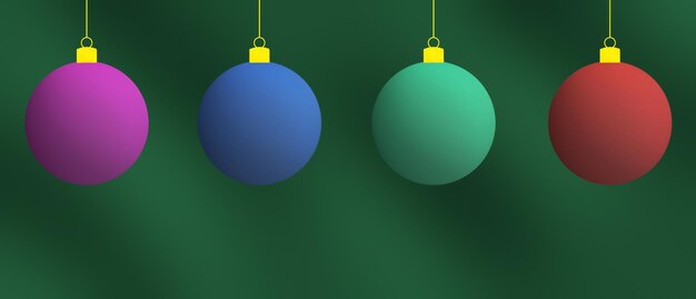 Foto adornos navideños de colores colgantes sobre un fondo verde oscuro