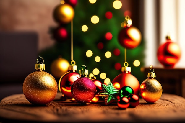 Adornos navideños en una mesa frente a un árbol de navidad