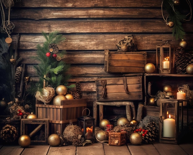 Adornos navideños en una pared de madera