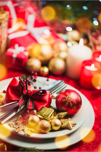 Foto adornos navideños en placa, cena festiva