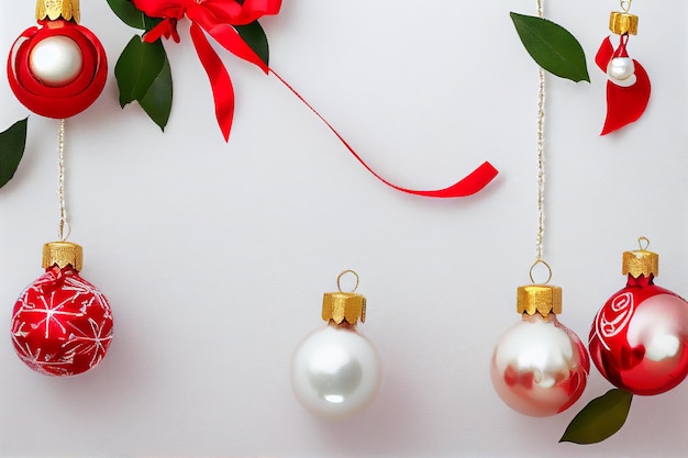 Foto adornos navideños rojos de lujo con perlas, cintas, estrellas, campanas aisladas sobre fondo blanco