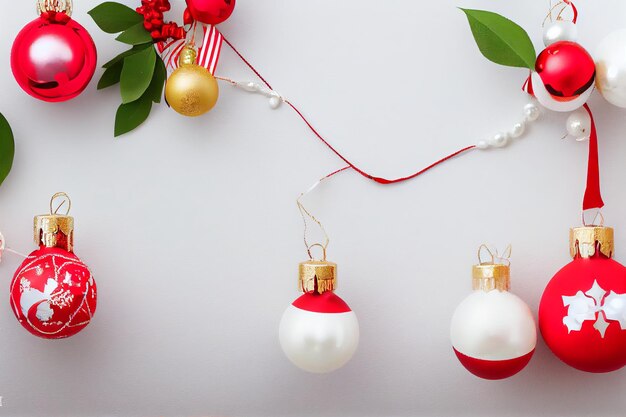 Adornos navideños rojos de lujo con perlas, cintas, estrellas, campanas aisladas sobre fondo blanco