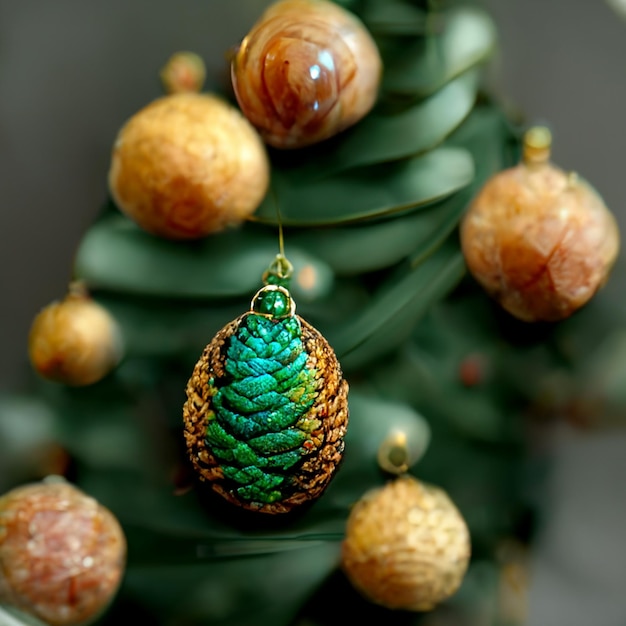Adornos navideños verdes y dorados sobre fondo de adorno de abeto
