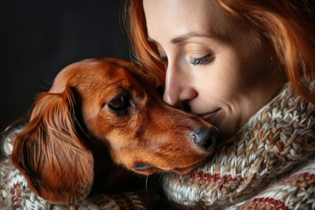 Adulto afectuoso con perro Dachshund rojo para proyectos de mascotas