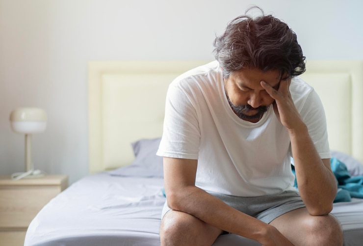 Foto un adulto asiático deprimido sentado en la cama no puede dormir por insomnio.