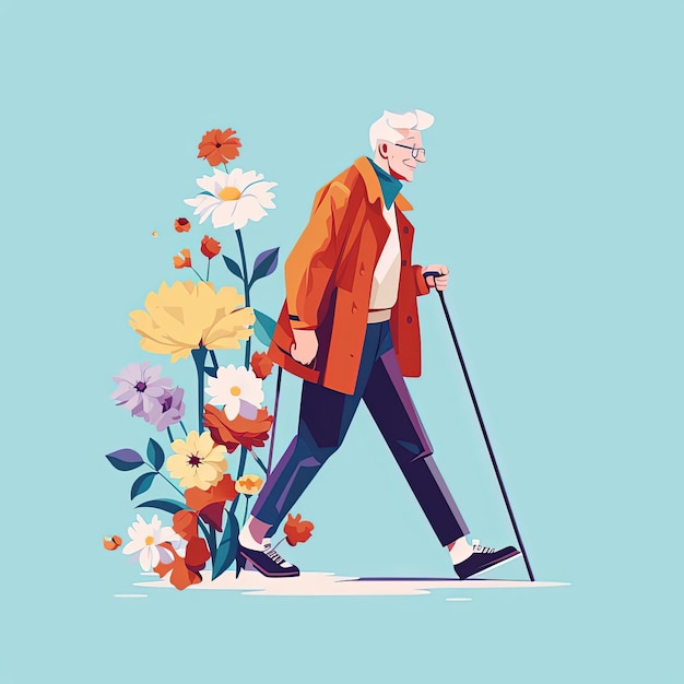 un adulto caminando con bastón y flores en el estilo de ilustraciones planas