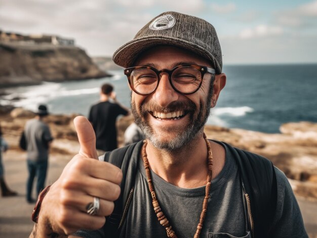 Foto un adulto feliz en la playa sonriendo y haciendo una señal de ok