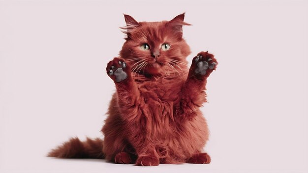 Foto adulto fofo gato vermelho bonito sentado e levantou as patas dianteiras para cima imitação de segurar qualquer objeto um