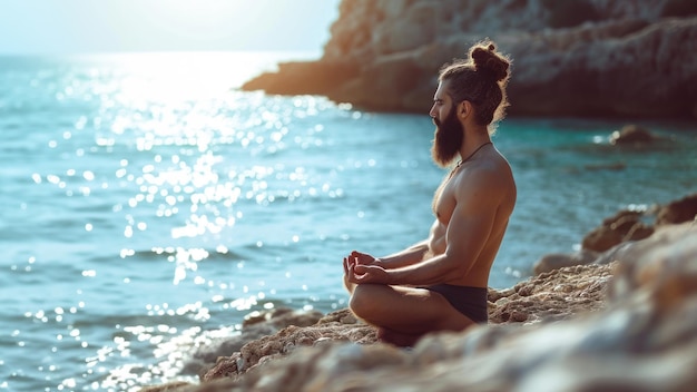 Un adulto italiano musculoso con una barba gruesa medita temprano en la mañana en la orilla.