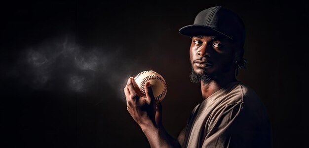 Adulto joven afroamericano jugador de béisbol sosteniendo softbol preparándose para lanzar AI generado