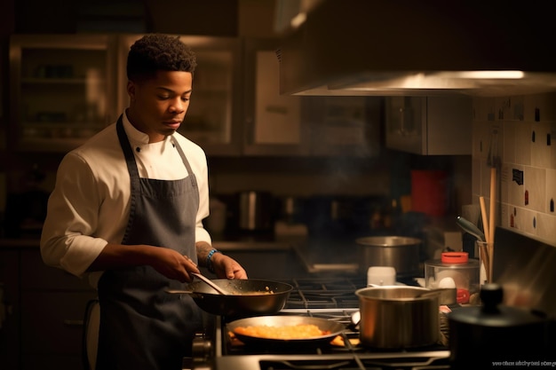 Adulto joven afroamericano masculino cocinando una comida en la cocina IA generativa AIG23