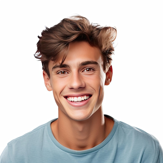 Adulto joven alegre con una sonrisa genuina y comportamiento relajado contra el fondo blanco.