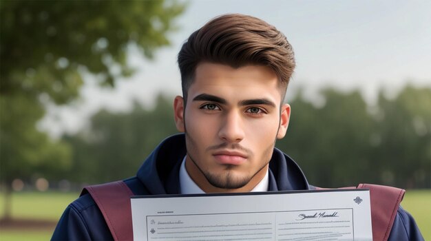Un adulto joven exitoso con diploma al aire libre