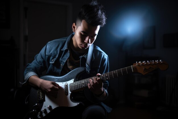 Adulto joven hispano masculino tocando la guitarra en la actividad de estudio en casa música generativa AI AIG23