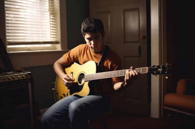 Adulto joven hispano masculino tocando la guitarra en la sala de música banda de música de actividad generativa AI AIG23