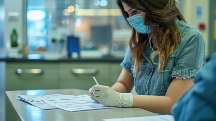 Un adulto joven llenando formularios antes de vacunarse en un centro de atención médica