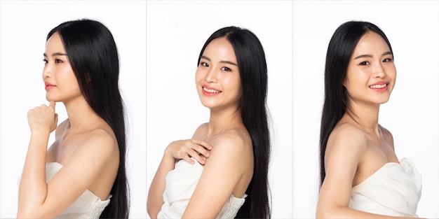 Adulto joven de medio cuerpo mujer asiática mira la cámara hermosa moda maquillaje hombro abierto