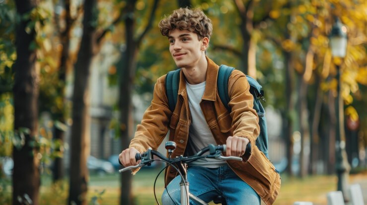 Un adulto joven montando una bicicleta a través de un parque de la ciudad con ropa casual