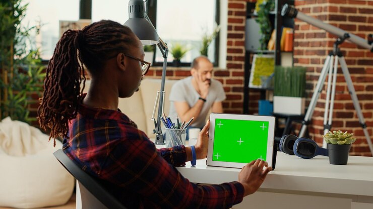 Foto adulto joven que trabaja con pantalla verde horizontal en una tableta inalámbrica, analizando la plantilla de espacio de copia aislada y el fondo de la maqueta. uso de un dispositivo moderno con pantalla de clave de croma en blanco.