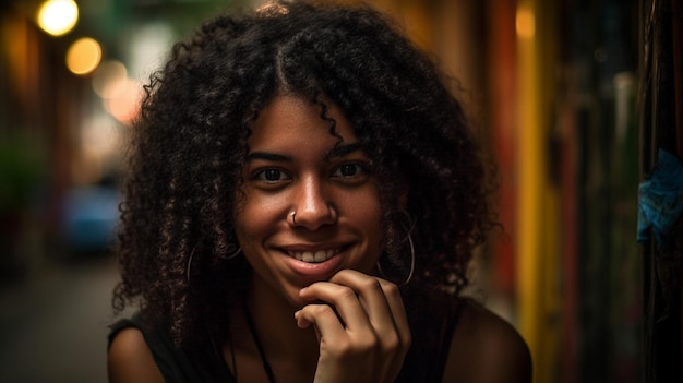 Adulto joven sonriendo en la ciudad Retrato generativo ai