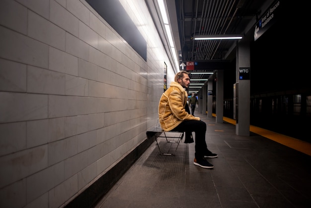 Foto adulto joven viajando en metrou