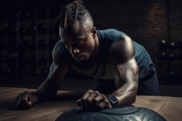 Adulto masculino africano haciendo ejercicio en el gimnasio en casa ejercicio atlético IA generativa AIG23