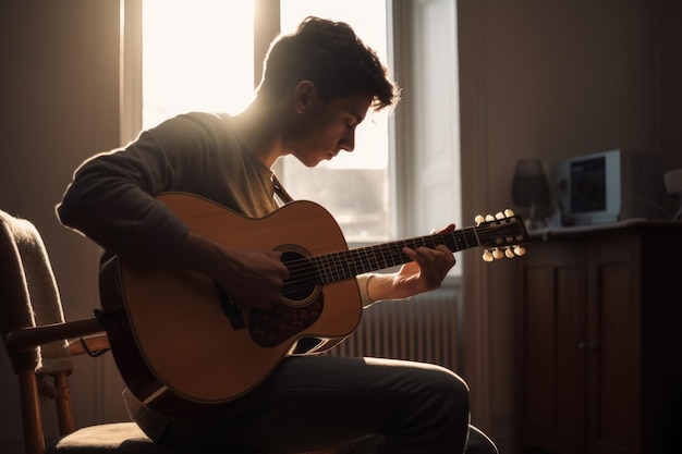 Adulto masculino caucásico tocando la guitarra en la sala de música actividad música casual AI generativo AIG23