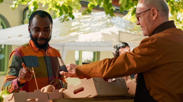 Adulto mayor que vende productos de cosecha propia de temporada en el mercado de granjas, poseedor de un stand que presenta frutas y verduras orgánicas. Proveedor local que pone bioproductos naturales coloridos y maduros. Disparo de mano.