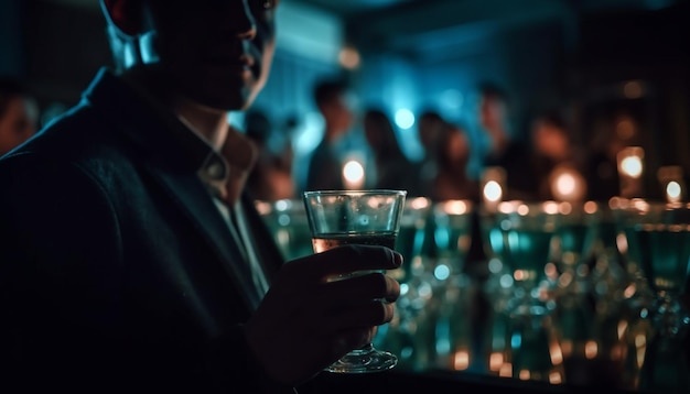 Adultos celebran con bebidas y llamas en evento de club nocturno de lujo generado por IA