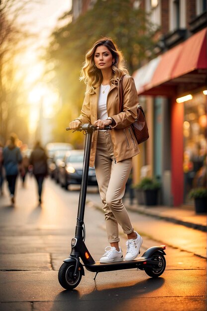 Adultos com diferenças étnicas Aprendendo a usar scooter elétrico ao pôr do sol