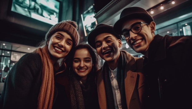 Adultos jóvenes se abrazan sonriendo con un cálido gorro de invierno generado por IA