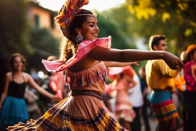 Adultos jóvenes bailando al aire libre disfrutando de un festival tradicional vistiendo trajes coloridos ai generativo