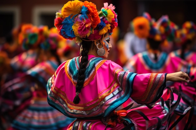 Adultos jóvenes bailando al aire libre disfrutando de un festival tradicional vistiendo trajes coloridos ai generativo