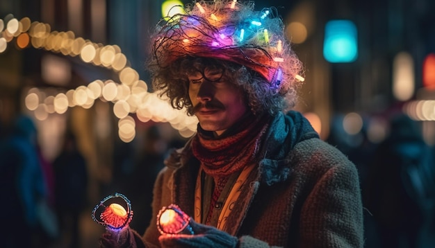 Los adultos jóvenes disfrutan de las luces navideñas en la vida nocturna de la ciudad generadas por IA