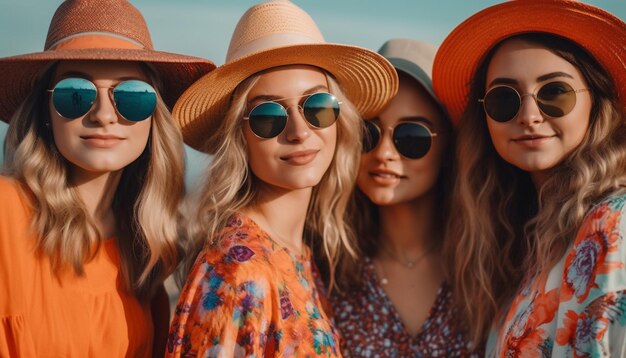 Adultos jóvenes con gafas de sol disfrutan de vacaciones de verano generadas por IA