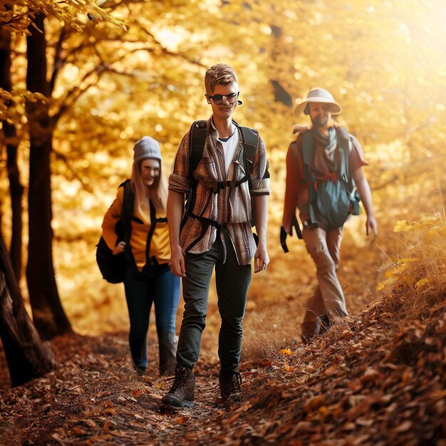 Adultos jóvenes haciendo senderismo en el sereno bosque otoñal