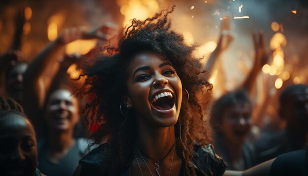 Adultos jóvenes sonriendo disfrutando de una noche sin preocupaciones en una discoteca generada por inteligencia artificial