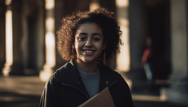 Adultos jóvenes sonriendo mirando a la cámara al aire libre generada por IA