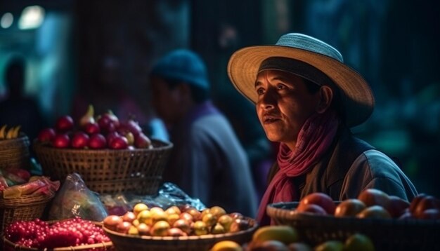 Adultos maduros colhendo frutas frescas no mercado gerado por IA